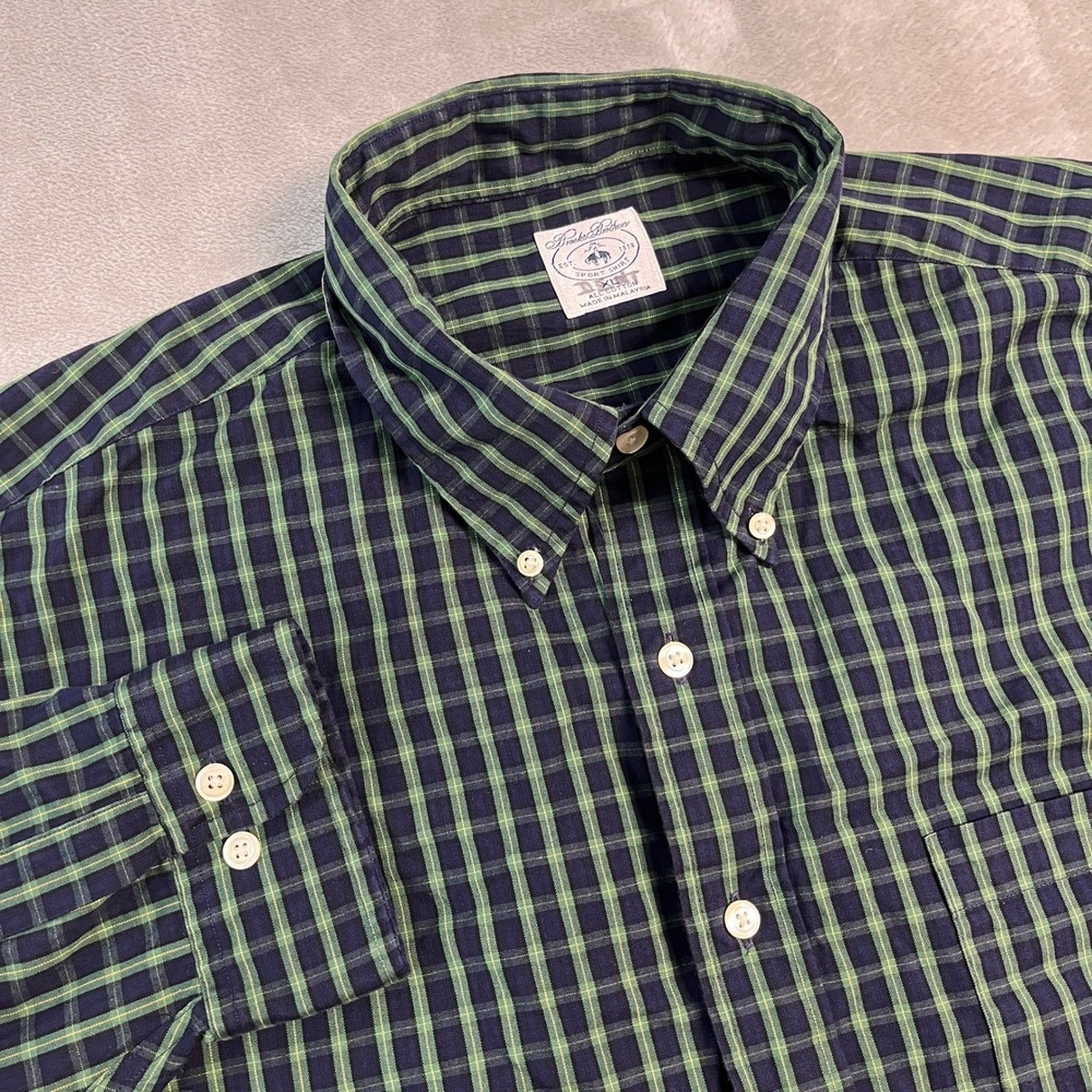 Brooks Brothers Sport Shirt Mens XL Blue Green Plaid Cotton Button Down Collar